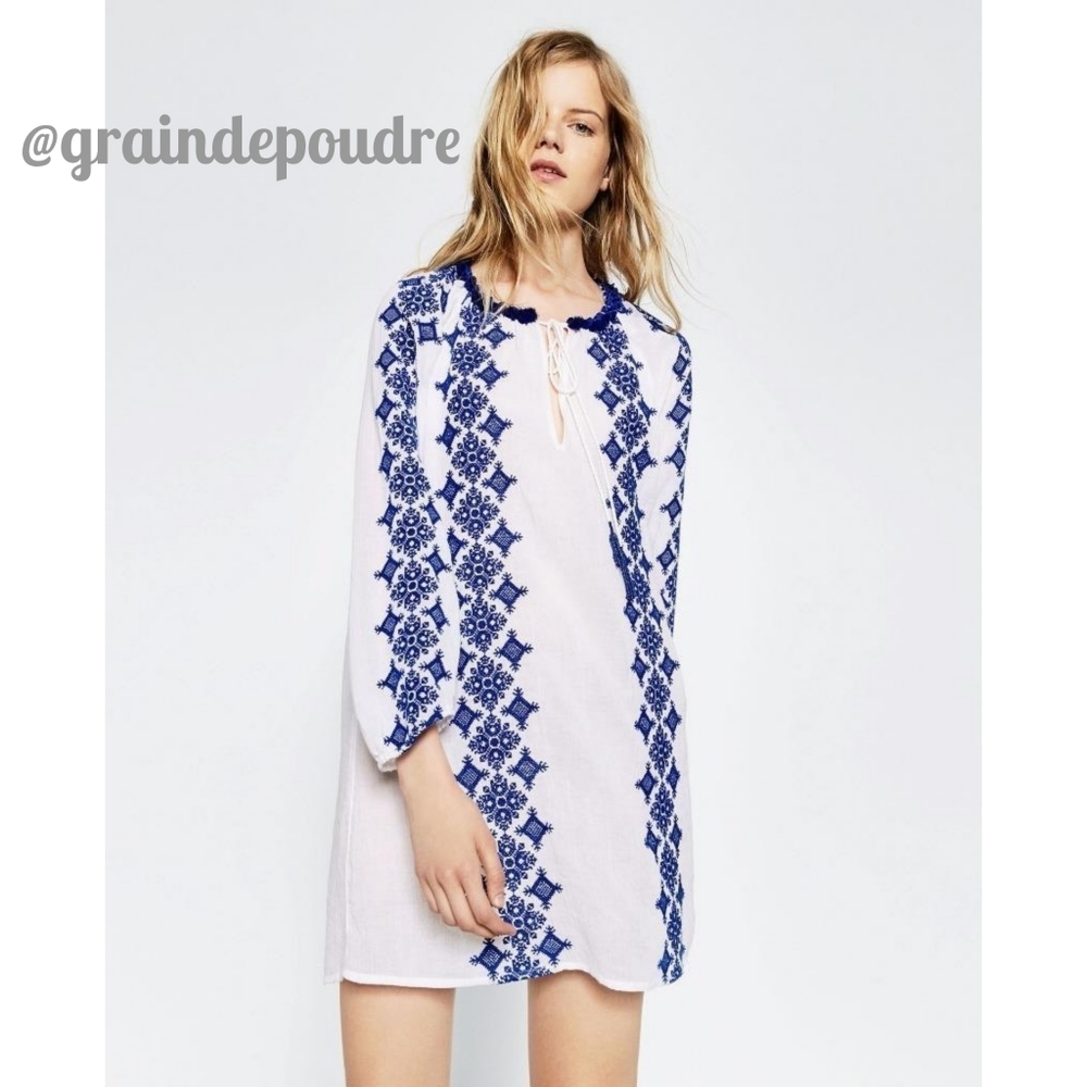 NWT Rare Zara Blue Embroidered Peasant Dress XS